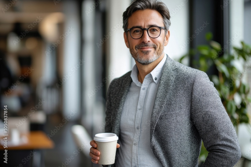 Businessman standing in office holding a coffee cup, Generative AI Businessman standing in office holding a coffee cup, Generative AI