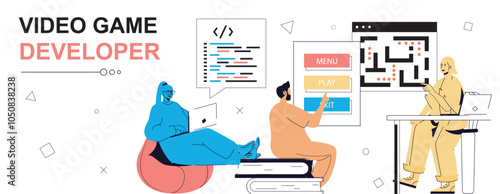 Video game developer concept in flat cartoon design for web banner. People creating new product, write code for different computer games, programming at screen, testing interface. Vector illustration.