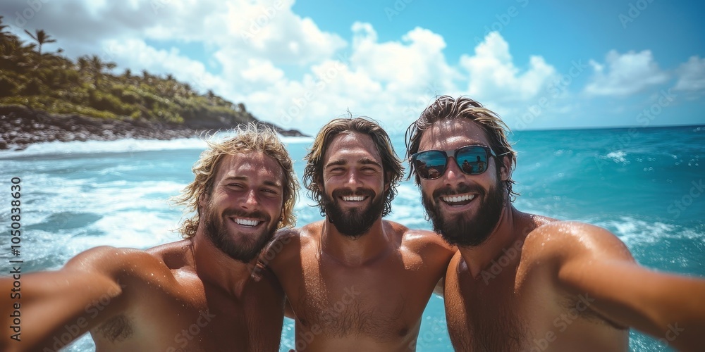 Happy surfing buddies taking a selfie together by the ocean, Generative AI Happy surfing buddies taking a selfie together by the ocean, Generative AI