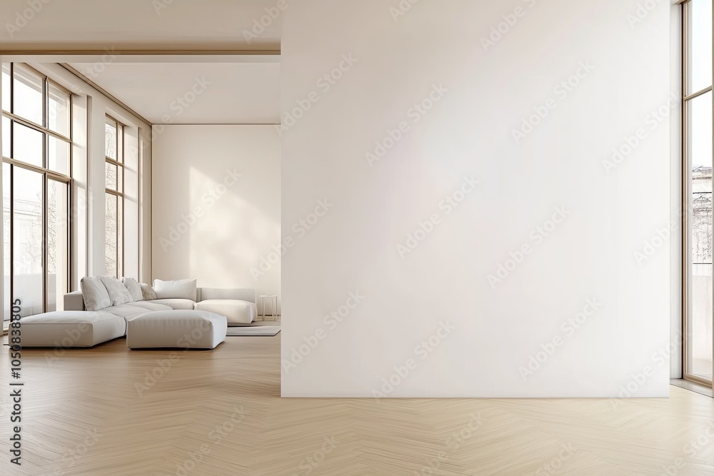 Fototapeta premium Mock-up of blank white wall in living room minimalist interior, empty space for your content