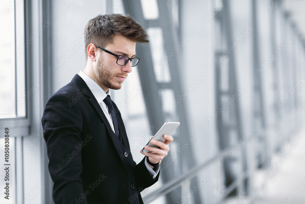 Focused young businessman in eyeglasses using his smart phone, copy space, blurred background Focused young businessman in eyeglasses using his smart phone, copy space, blurred background