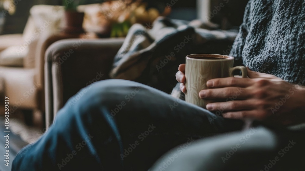 A person is sitting on a couch holding a cup of coffee A person is sitting on a couch holding a cup of coffee