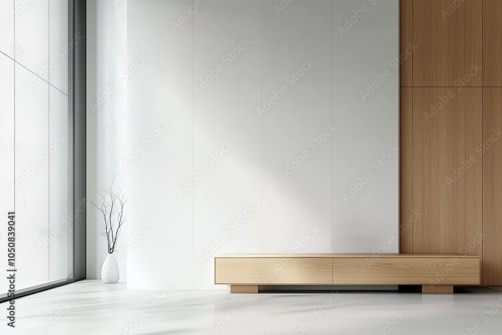 Fototapeta premium Mock-up of blank white wall in living room minimalist interior, empty space for your content