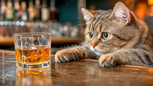 Cat with glass of whisky sitting at the bar counter photo