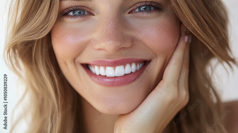 A woman with a bright smile and a pink lip color A woman with a bright smile and a pink lip color