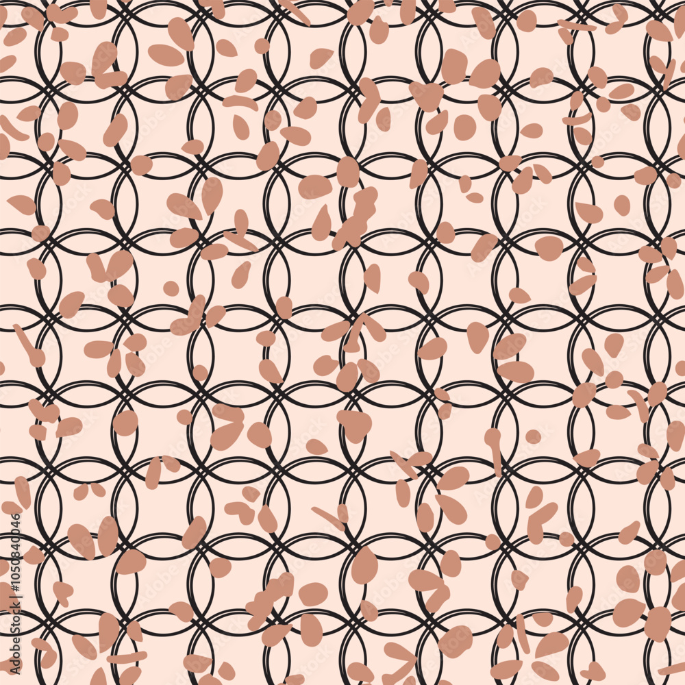 Fototapeta premium Botany and geometrical shapes seamless repeat pattern. Random placed, vector abstract flowers with circles aop, all over print on beige background.