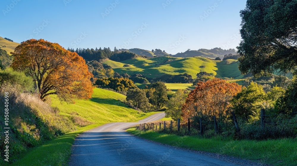 Fototapeta premium Scenic Country Road Through Vibrant Green Hills