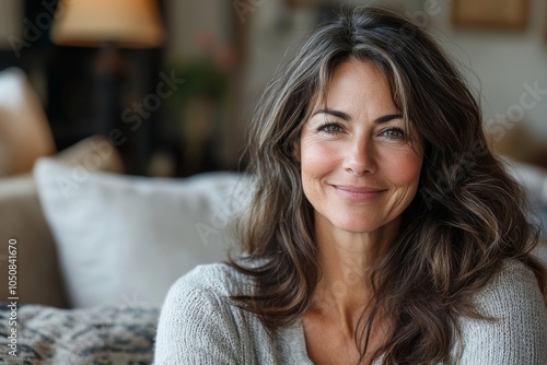 Happy mature woman smiling at the camera while sitting on a couch, Generative AI