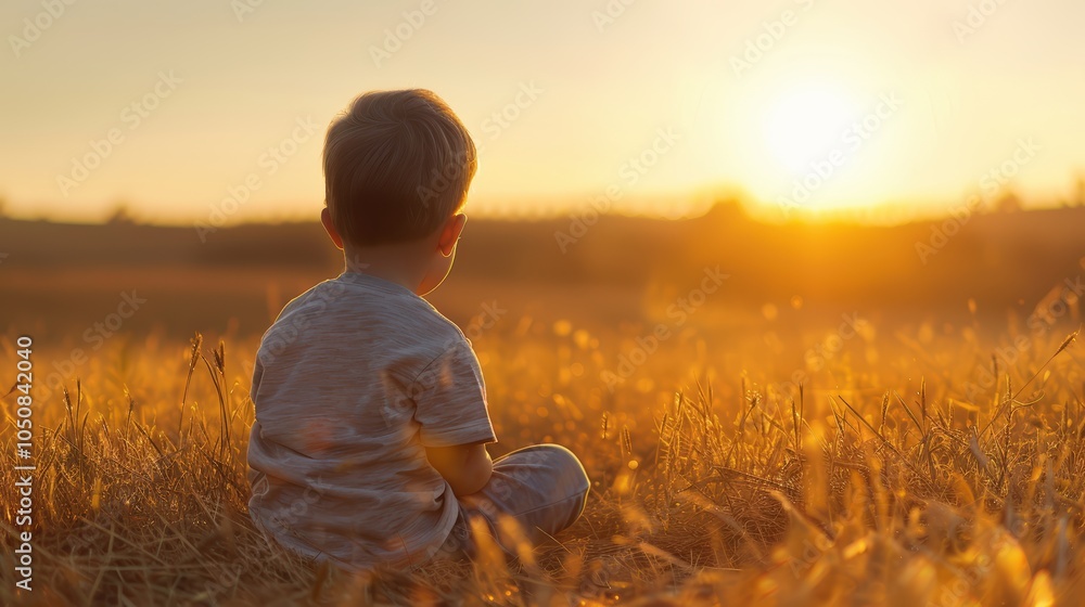 Fototapeta premium Child Watching Sunset in Golden Field