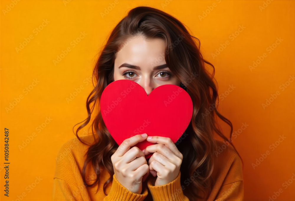 Portrait of a beautiful girl with a red heart on a orange background Portrait of a beautiful girl with a red heart on a orange background