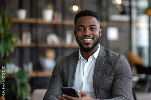 Male professional holding a mobile phone in an office, Generative AI