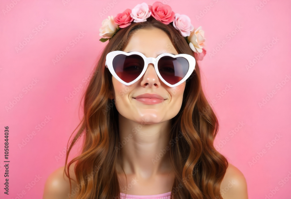 Beautiful girl in heart glasses and a wreath of flowers Beautiful girl in heart glasses and a wreath of flowers