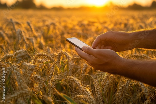 An individual stands in the middle of a wheat field at sunset using a smartphone