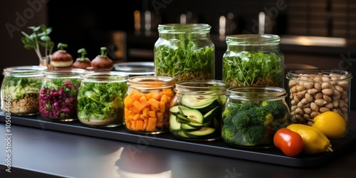 Healthy, prepped ingredients in jars.