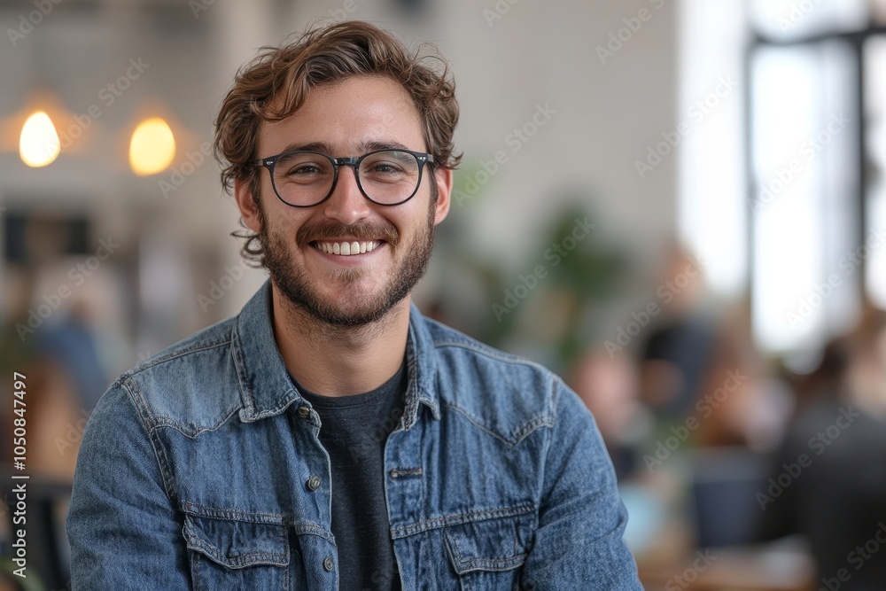 Happy employee smiling in modern office, wearing glasses and denim jacket, Generative AI Happy employee smiling in modern office, wearing glasses and denim jacket, Generative AI