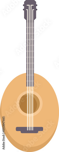 Mandolin is standing upright, showing its strings and sound hole, on white background