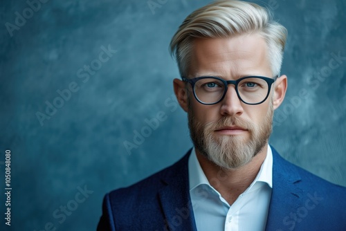 Professional man with glasses in a stylish suit poses against a textured blue background in a modern setting