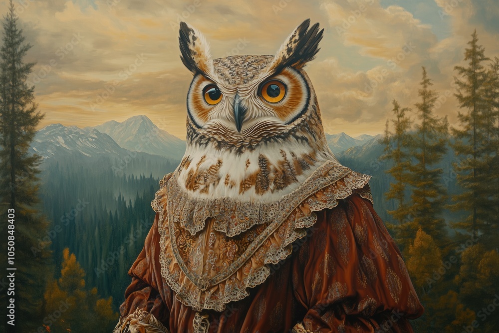 Naklejka premium A majestic owl with an elegant dress stands against a backdrop of mountains and forests under a serene sky at dusk