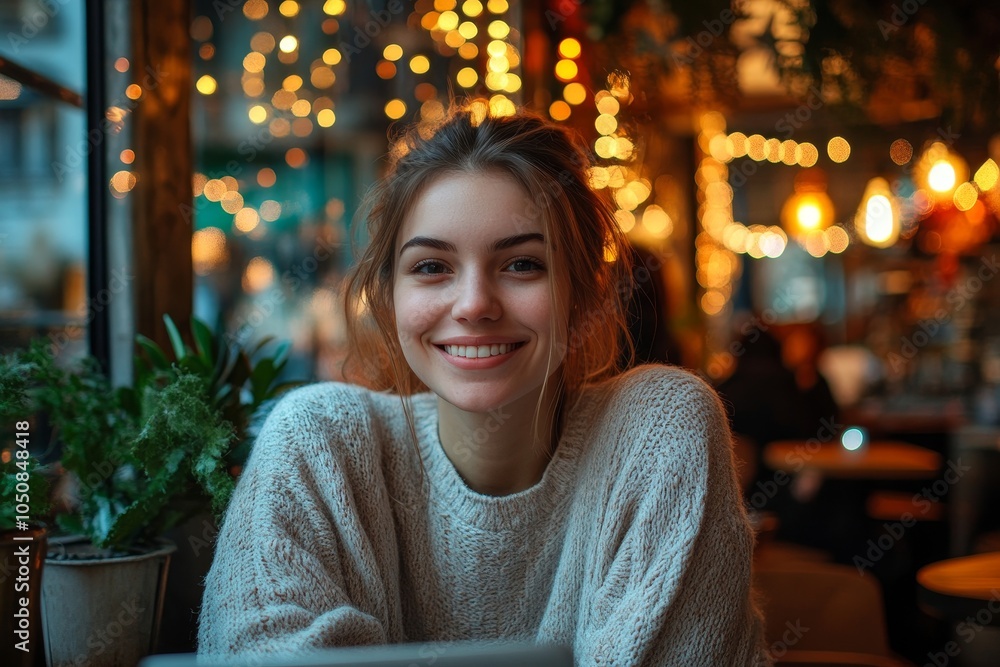 Obraz premium Happy young woman working in a cozy cafe with laptop, Generative AI