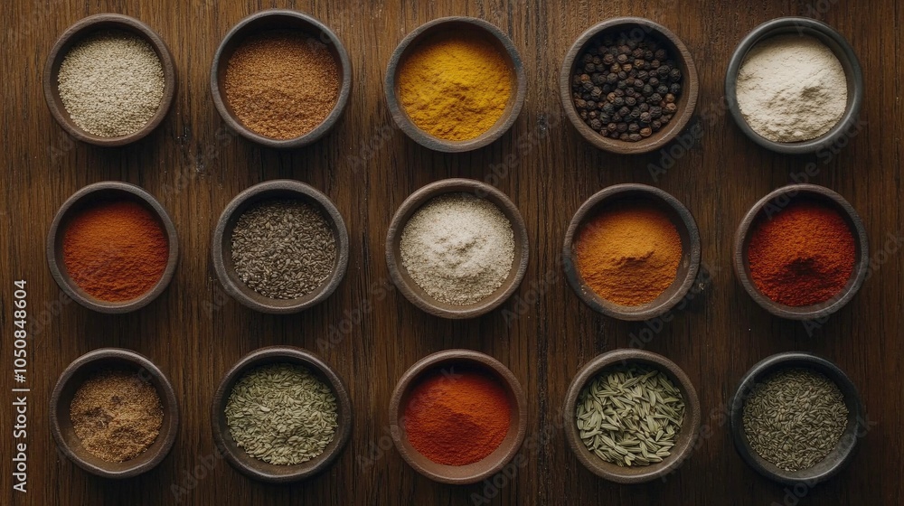 Vibrant Spices Arranged in Rustic Bowls on Table Vibrant Spices Arranged in Rustic Bowls on Table