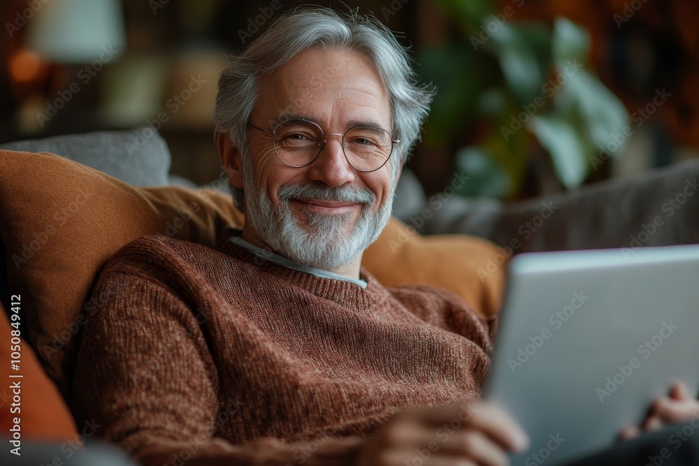 Cheerful man using technology at home, smiling and relaxing on the couch, Generative AI Cheerful man using technology at home, smiling and relaxing on the couch, Generative AI
