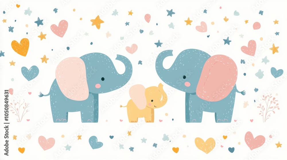 Baby elephant with hearts and stars, whimsical vector illustration, perfect for nursery decor and wrapping paper Baby elephant with hearts and stars, whimsical vector illustration, perfect for nursery decor and wrapping paper