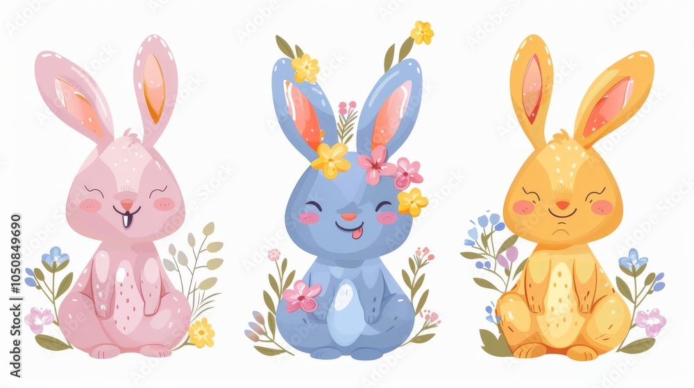 Obraz premium Easter bunnies with floral wreaths and painted eggs, vector on a white background