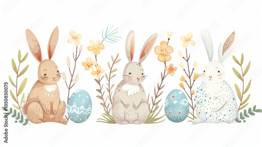 Obraz premium Easter bunnies with floral wreaths and painted eggs, vector on a white background