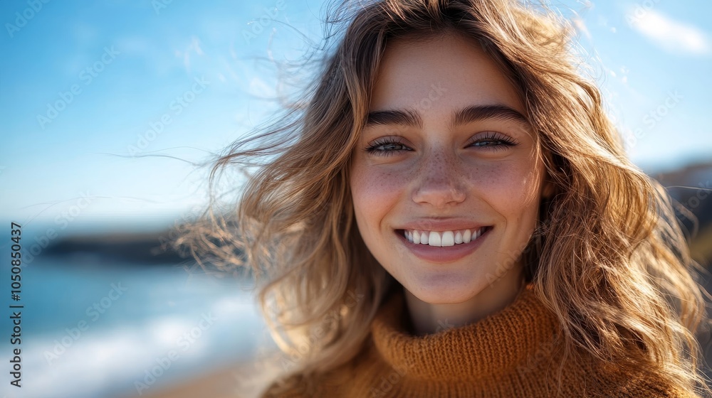 Joyful smiling woman with wavy hair enjoying a windy seaside day in close-up portrait, Generative AI Joyful smiling woman with wavy hair enjoying a windy seaside day in close-up portrait, Generative AI