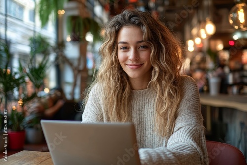 Happy businesswoman working remotely on laptop in a cozy cafe  Generative AI