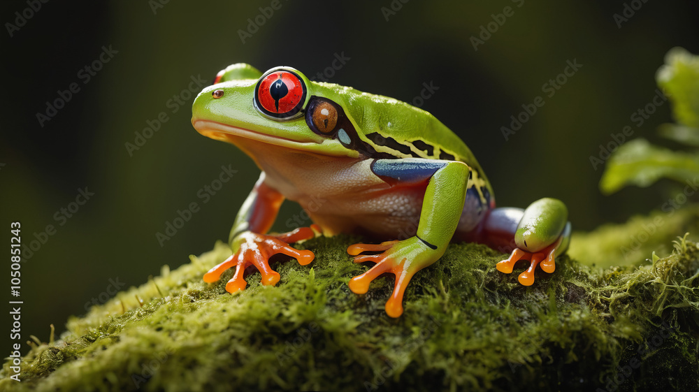 Frog on a leaf. Vibrant red-eyed tree frog perched on moss, macro wildlife Frog on a leaf. Vibrant red-eyed tree frog perched on moss, macro wildlife