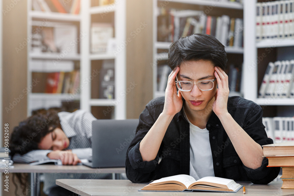 Preparing For Exam Session. Focused asian boy in specs massaging temples, female student sleeping in the background Preparing For Exam Session. Focused asian boy in specs massaging temples, female student sleeping in the background