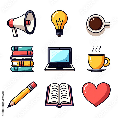 Collection of education and work icons with coffee