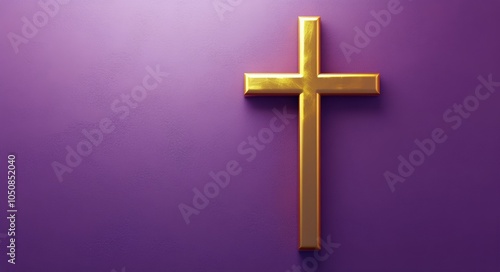 A golden cross set against a smooth purple background for religious symbolism...