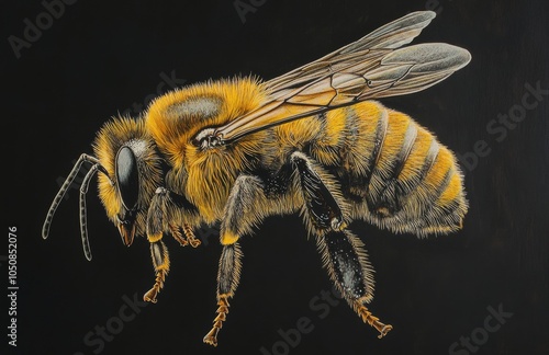 Detailed close-up of a vibrant yellow bee on a black background in natural light