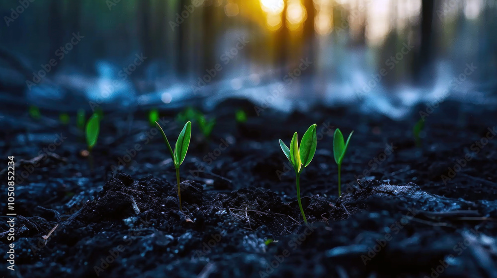 New green saplings sprouting from dark, fertile soil in a forest at dawn, illuminated by the soft golden sunlight, symbolizing new growth and ecological recovery. New green saplings sprouting from dark, fertile soil in a forest at dawn, illuminated by the soft golden sunlight, symbolizing new growth and ecological recovery.