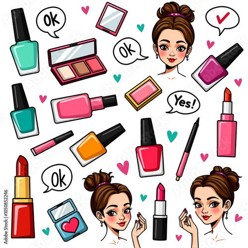Cartoon makeup set with beauty items