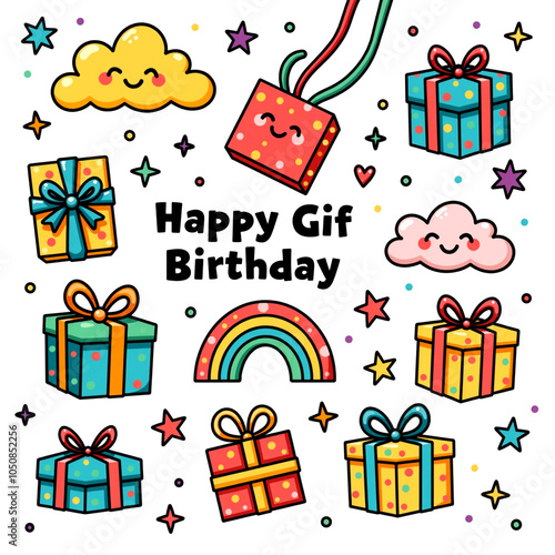 Happy GIF birthday design with gifts, clouds, and stars