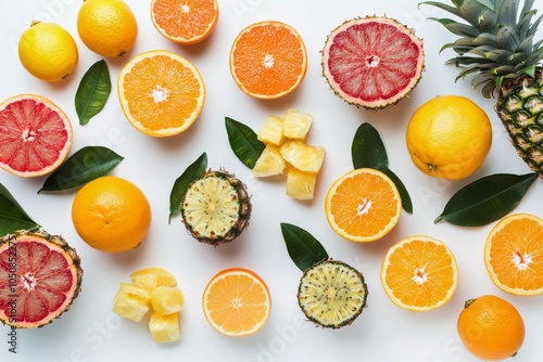 Vibrant assortment of fresh citrus fruits and pineapple on a white background