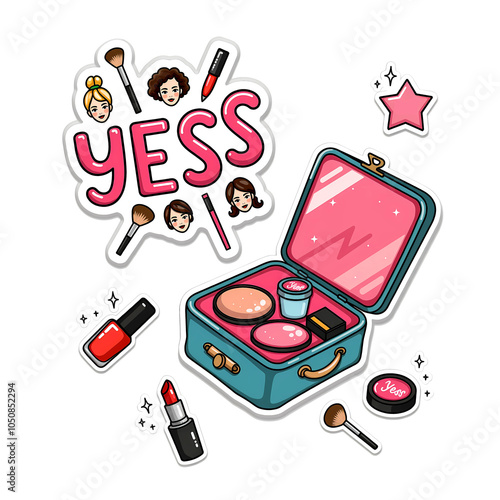 Makeup case with beauty essentials and faces