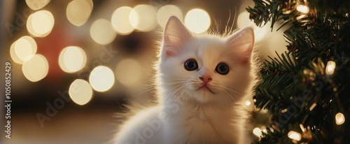 A cute white kitten with blue eyes snuggles by a sparkling Christmas tree