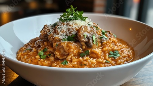 Creamy Mushroom Risotto in White Bowl