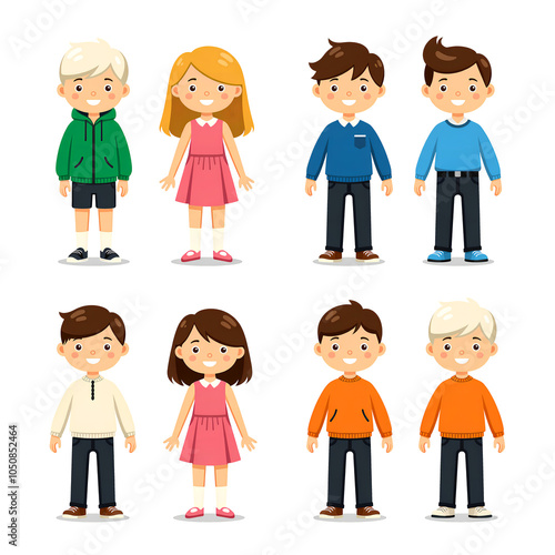 Cartoon children in casual clothes with friendly expressions