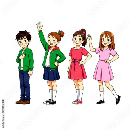 Anime-style students in various colorful uniforms