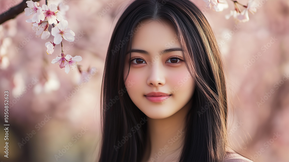 桜と共に花粉症に悩む女性 桜と共に花粉症に悩む女性