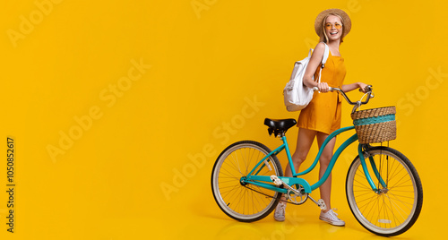 Wallpaper Mural Summer Adventures. Portrait Of Cute Teen Hipster Girl With Vintage Bike Over Yellow Studio Background, Panorama With Copy Space Torontodigital.ca