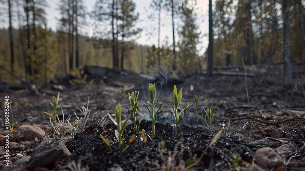 Sparse young plants growing in a charred forest landscape, with new life sprouting amidst the remnants of a recent wildfire, symbolizing resilience and natural rebirth. Sparse young plants growing in a charred forest landscape, with new life sprouting amidst the remnants of a recent wildfire, symbolizing resilience and natural rebirth.