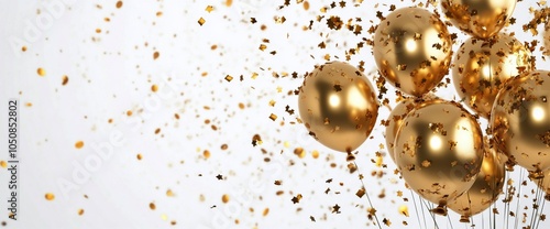 Gold and white balloons filled with confetti floating against a light backgro...