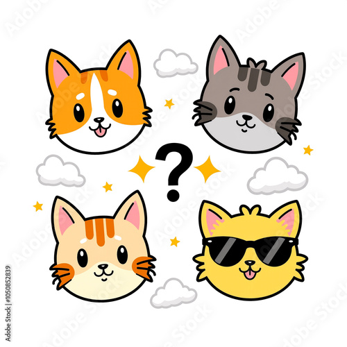 Cute cartoon cats with varying expressions and a mystery element