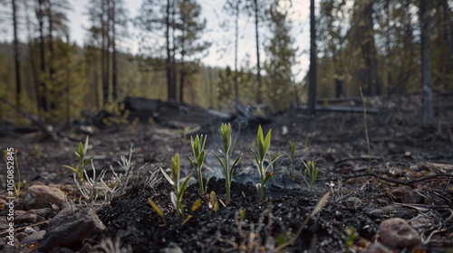 Sparse young plants growing in a charred forest landscape, with new life sprouting amidst the remnants of a recent wildfire, symbolizing resilience and natural rebirth.